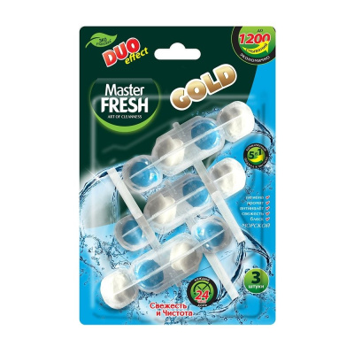 С0007434 Master FRESH подвесной блок для унитаза DUO EFFECT 1200 смываний 5в1 формула GOLD МОРСКОЙ,