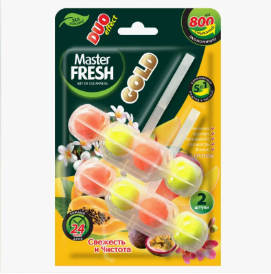 С0007431 Master FRESH подвесной блок для унитаза DUO EFFECT 800 смываний 5в1 формула GOLD ТРОПИК, 2ш
