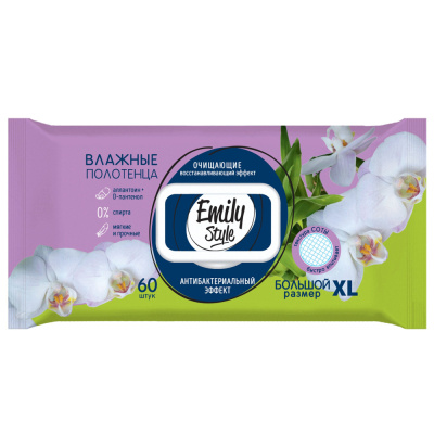 С0008180 Emily Style влажные полотенца ДЛЯ ВСЕЙ СЕМЬИ АНТИБАКТЕРИАЛЬНЫЕ с крышкой XL размер, соты 60