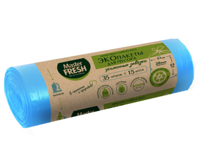 С0006854 Master FRESH ЭКОпакеты д/мусора 70% RECYCLING с усиленными завязками 35л/15шт (голубые) 20м